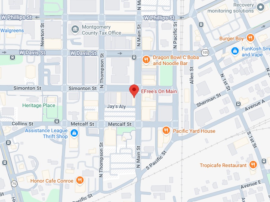 Map showing E.Free's On Main in downtown Conroe